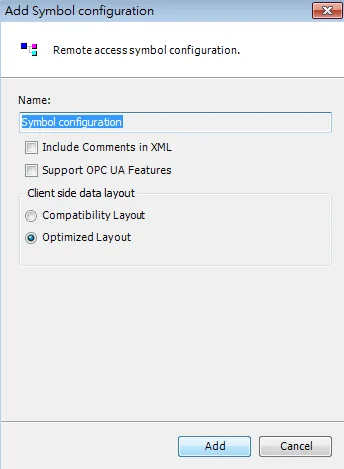 Add Symbol configuration dialog with name field set to Symbol configuration, Optimized Layout selected, and Add button.