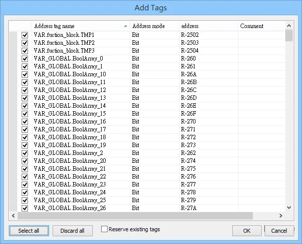 Add Tags Dialog Panasonic MEWTOCOL7 Add Tags dialog listing imported address tag names such as VAR_GLOBAL.BoolArray_0 through BoolArray_26 with Bit address mode and R-series addresses.
