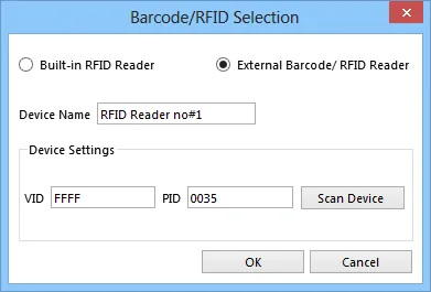 Barcode/RFID Selection VID PID Saved Barcode/RFID Selection dialog with VID set to FFFF and PID set to 0035 after a successful device scan.