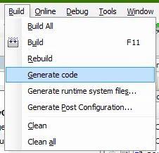 Build Menu Generate Code Build menu open in Machine Expert with Generate Code option highlighted.