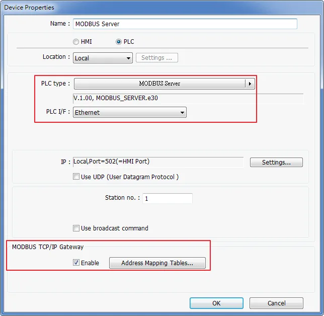 Device Properties dialog showing MODBUS Server with Ethernet interface and the MODBUS TCP/IP Gateway section with the Enable checkbox checked.