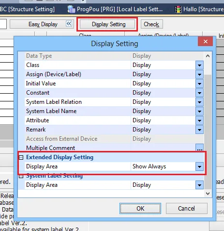 Display Setting Extended Display Show Always Display Setting dialog in GX Works3 with Extended Display Setting section expanded, showing Display Area set to Show Always.