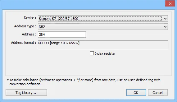 EasyBuilder address dialog with Device set to Siemens S7-1200/S7-1500, Address type DB2, Address 284, and format DDDDD range 0 to 65532.