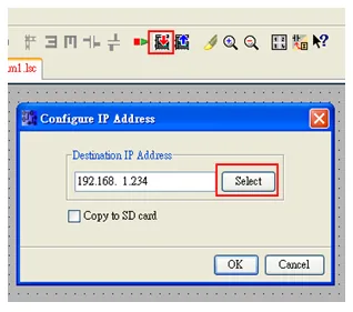 EasyBuilder Configure IP Address Dialog Configure IP Address dialog with destination IP address 192.168.1.234 entered and Select button highlighted.