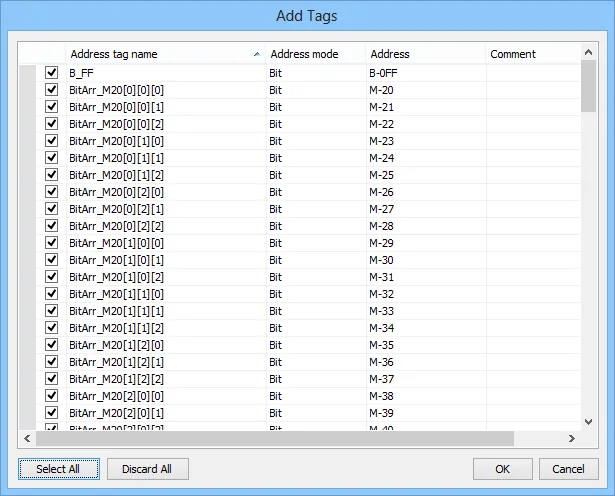 EasyBuilder Pro Add Tags Dialog EasyBuilder Pro Add Tags dialog listing imported address tag names with address mode and address values, with Select All and OK buttons.