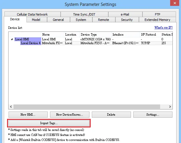 EasyBuilder Pro System Parameters Import Tags System Parameter Settings Device tab showing Local HMI and Mitsubishi FX5U device in the device list, with the Import Tags button highlighted at the bottom.