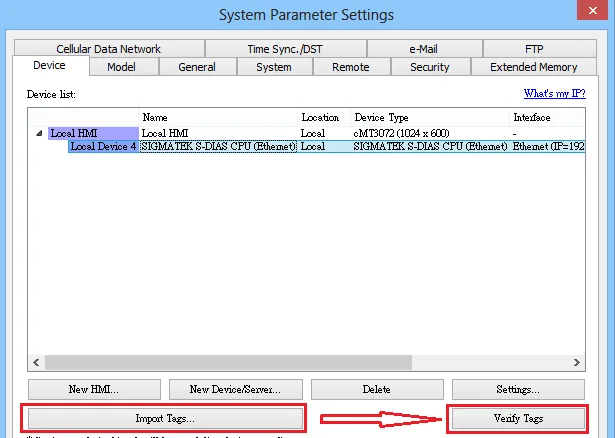 EasyBuilder System Parameter Settings Device tab showing SIGMATEK S-DIAS CPU (Ethernet) device, with Import Tags and Verify Tags buttons highlighted.