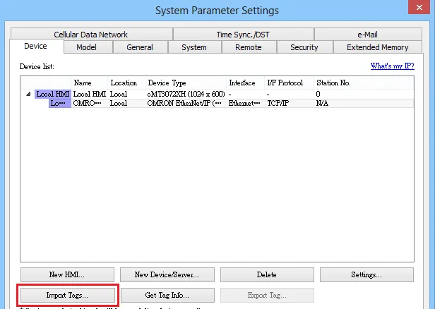 EasyBuilder System Parameter Settings Import Tags EasyBuilder System Parameter Settings dialog showing OMRON EtherNet/IP device in the Device list with the Import Tags button highlighted.