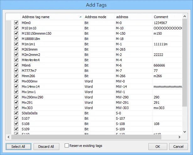 EasyBuilder Pro Add Tags Dialog EasyBuilder Pro Add Tags dialog listing tag names, address modes, and addresses with checkboxes for selecting tags to import.