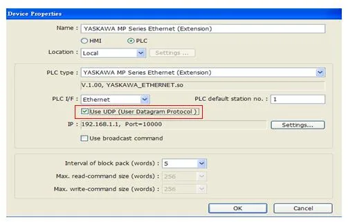 EBPro Device Properties – Yaskawa Ethernet UDP EBPro Device Properties dialog for YASKAWA MP Series Ethernet Extension, with PLC I/F set to Ethernet, Use UDP checked, IP 192.168.1.1, and Port 10000.