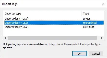 EasyBuilder Pro Import Tags L5X Dialog Import Tags dialog in EasyBuilder Pro with Import Files (*.L5X) Hierarchical selected from the importer type list.