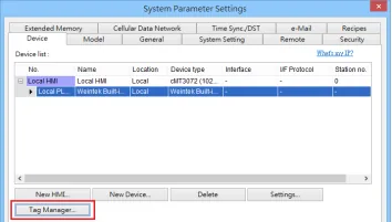 EasyBuilder Pro System Parameter Settings window showing the Device tab with a Weintek Built-in CODESYS device added to the device list and the Tag Manager button visible.