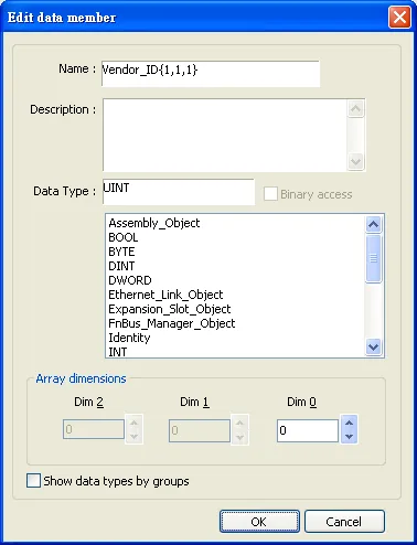 Edit data member dialog with Name set to Vendor_ID{1,1,1} and Data Type UINT, showing the available data types list including Assembly_Object, BOOL, BYTE, and Identity.