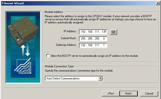 Ethernet Wizard Module Address IP Settings Ethernet Wizard Module Address screen showing IP Address 192.168.111.135, Subnet Mask 255.255.255.0, Gateway 192.168.111.1, and Module Connection Type set to Auto Detect Communications.
