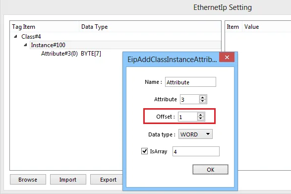 EthernetIp Setting dialog showing Class#4 with Instance#100 and Attribute#3(0) set to BYTE[7], alongside the EipAddClassInstanceAttrib dialog with Name 'Attribute', Attribute 3, Offset 1 highlighted in red, Data type WORD, and IsArray 4.
