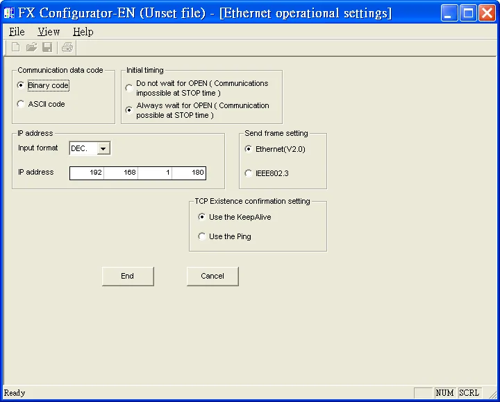 FX Configurator-EN Ethernet Operational Settings FX Configurator-EN Ethernet operational settings showing IP address 192.168.1.180, Binary code, and Ethernet V2.0 frame settings.