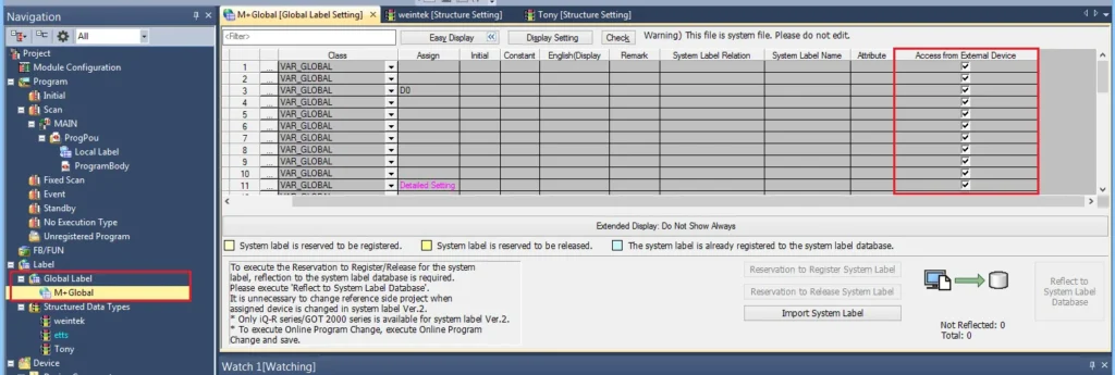 GX Works3 Global Label setting with the Access from External Device column showing checkboxes checked for all VAR_GLOBAL labels.