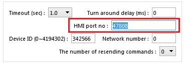 IP Address Settings dialog with the HMI port no field highlighted, showing the value 47808.