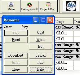 MotionWorks IEC Resource Download Cold Start MotionWorks IEC Resource dialog showing Stop, Reset, Download, and Cold buttons with the Download and Cold options highlighted.