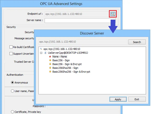 OPC UA Advanced Discover Server Window OPC UA Advanced Settings with the Discover Server dialog open, listing available security policies including None, Basic256, and Basic256Sha256 with Sign and Sign and Encrypt variants.