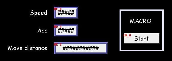 EasyBuilderPro Positioning Mode screen showing Speed, Acc, and Move distance numeric entry fields alongside a MACRO Start function key button.