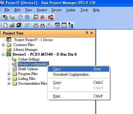 Project Tree with Device Configurator right-clicked, showing context menu with Open highlighted.