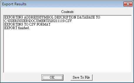 Export Results dialog confirming address/symbol description database exported to C:USERSUSERDOCUMENTS20211119.CSV in CSV format.