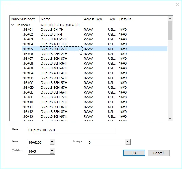SDO Object Dictionary showing the write digital output 8-bit index with subindices for output byte ranges, their access type, type, and default values.