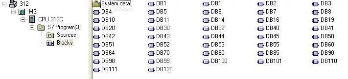 SIMATIC Manager Blocks Data Block List SIMATIC Manager Blocks view showing a list of Data Blocks (DB1 through DB120) in the S7 Program for CPU 312C.