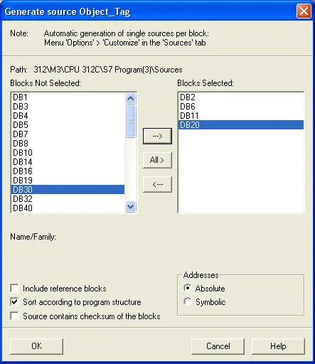 Generate Source Object_Tag dialog showing DB2, DB6, DB11, and DB20 moved to the Blocks Selected list, with Absolute addresses option chosen.