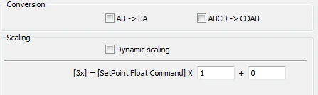 Table Settings Conversion and Scaling panel showing AB to BA and ABCD to CDAB byte-swap checkboxes, Dynamic scaling checkbox, and the formula [3x] = [SetPoint Float Command] × 1 + 0.