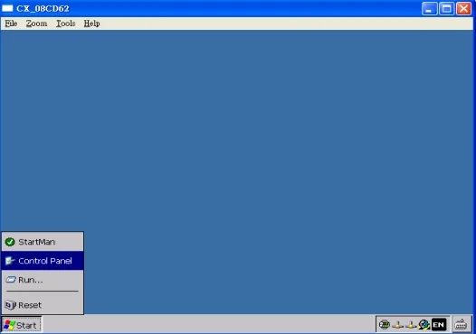 CERHOST PLC desktop showing Start menu open with StartMan, Control Panel, Run, and Reset options visible.