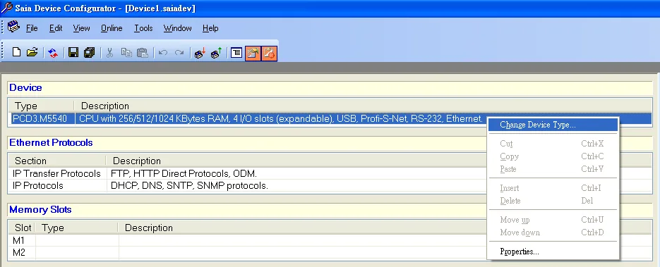 Saia Device Configurator showing the Change Device Type menu option.