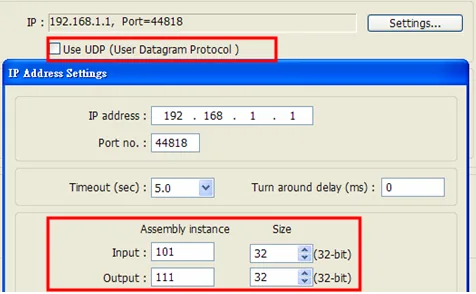 EasyBuilder Instance Settings Yaskawa Driver EasyBuilder IP Address Settings dialog showing Assembly Instance Input set to 101 and Output set to 111, with UDP unchecked, port 44818.