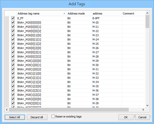 EasyBuilder Pro Add Tags Address List Add Tags dialog listing imported tag names such as B_FF and BitArr_M20 arrays with their address modes set to Bit and corresponding addresses.