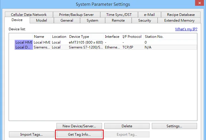 EasyBuilder System Parameter Get Tag Info EasyBuilder System Parameter Settings Device tab showing the Siemens S7-1500 device in the list with Get Tag Info button highlighted.