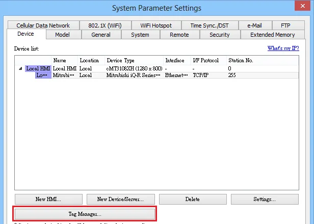 EasyBuilder Pro System Parameter Settings Device tab showing the configured Mitsubishi iQ-R Series driver with the Tag Manager button highlighted.
