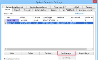 EBPro Device List Tag Manager Button EasyBuilder Pro System Parameter Settings Device tab showing OPC UA Client in the device list with the Tag Manager button highlighted.