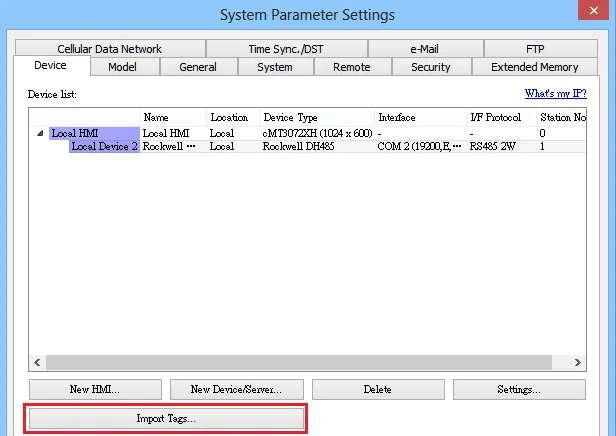 EasyBuilderPro System Parameter Settings Device tab showing Rockwell DH485 device listed with Import Tags button highlighted.
