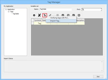 EasyBuilder Pro Tag Manager dialog with the Get tag dropdown open showing Import Tag option highlighted.