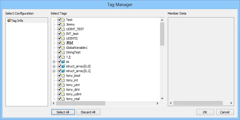 EasyBuilder Pro Tag Manager Select Tags Tag Manager dialog showing a list of tags with checkboxes, Select Configuration on the left, Select Tags in the center, and Member Data on the right, with Select All and Discard All buttons.