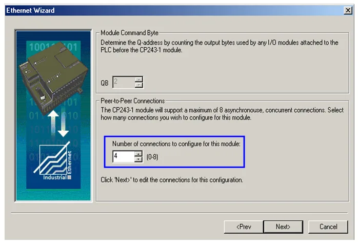 Ethernet Wizard Peer Connections Count Ethernet Wizard Peer-to-Peer Connections screen with QB command byte field and Number of connections set to 4, range 0-8.