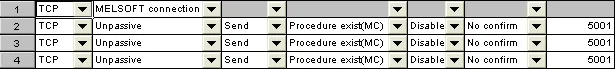 FX Configurator-EN Open Settings Rows Ethernet open settings table rows 1-4 showing TCP protocol with MELSOFT connection and Unpassive open system at port 5001.