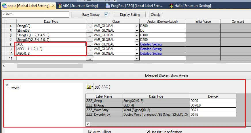 GX Works3 Structure Extended Display Assignment GX Works3 Global Label Setting with Extended Display set to Show Always, displaying structure ABC member devices including ZZZ_String at D200, ZZZ_BitArray at D370.0, ZZZ_WordArray at D371, and ZZZ_DwordArray at D375.