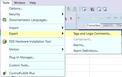Logix Designer Export Tags and Logic Comments RSLogix 5000 Tools menu expanded to Export submenu, with Tags and Logic Comments highlighted.