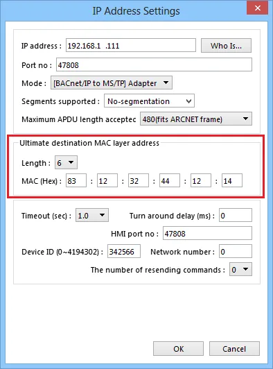 IP Address Settings dialog in BACnet/IP to MS/TP Adapter mode, with the Ultimate destination MAC layer address section highlighted showing MAC (Hex) fields and Length set to 6.