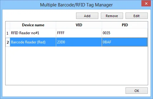 Multiple Barcode/RFID Tag Manager List Multiple Barcode/RFID Tag Manager showing two devices listed with their VID and PID values.