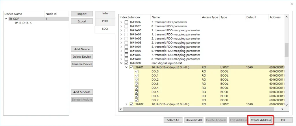 SDO tab showing the read digital input 8-bit item expanded with iR-DI16-K input entries selected and the Create Address button highlighted at the bottom.