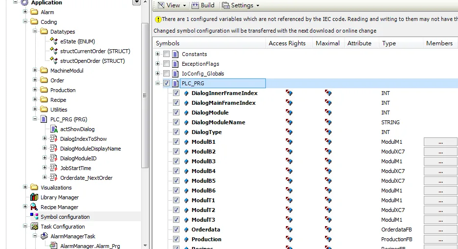 CODESYS Symbol configuration panel showing PLC_PRG selected with a list of variables including DialogInnerFrameIndex, DialogMainFrameIndex, DialogModule, and other tags with their types.