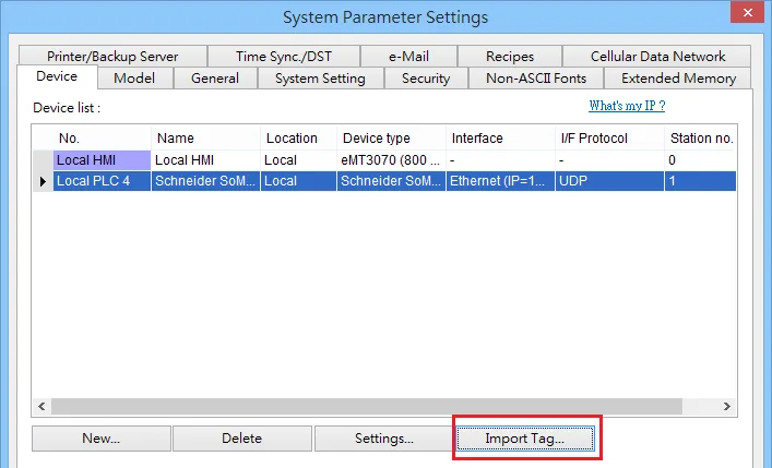 System Parameter Settings Import Tag EasyBuilderPro System Parameter Settings Device tab showing Schneider SoMachine M Series device in the list with the Import Tag button highlighted.